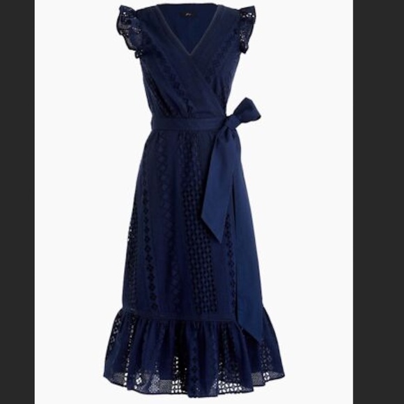 J.Crew Lace Crochet Midi Dress A-skirt Wrap Belted Navy Sz. XS ALL OVER EYELET - Picture 16 of 16